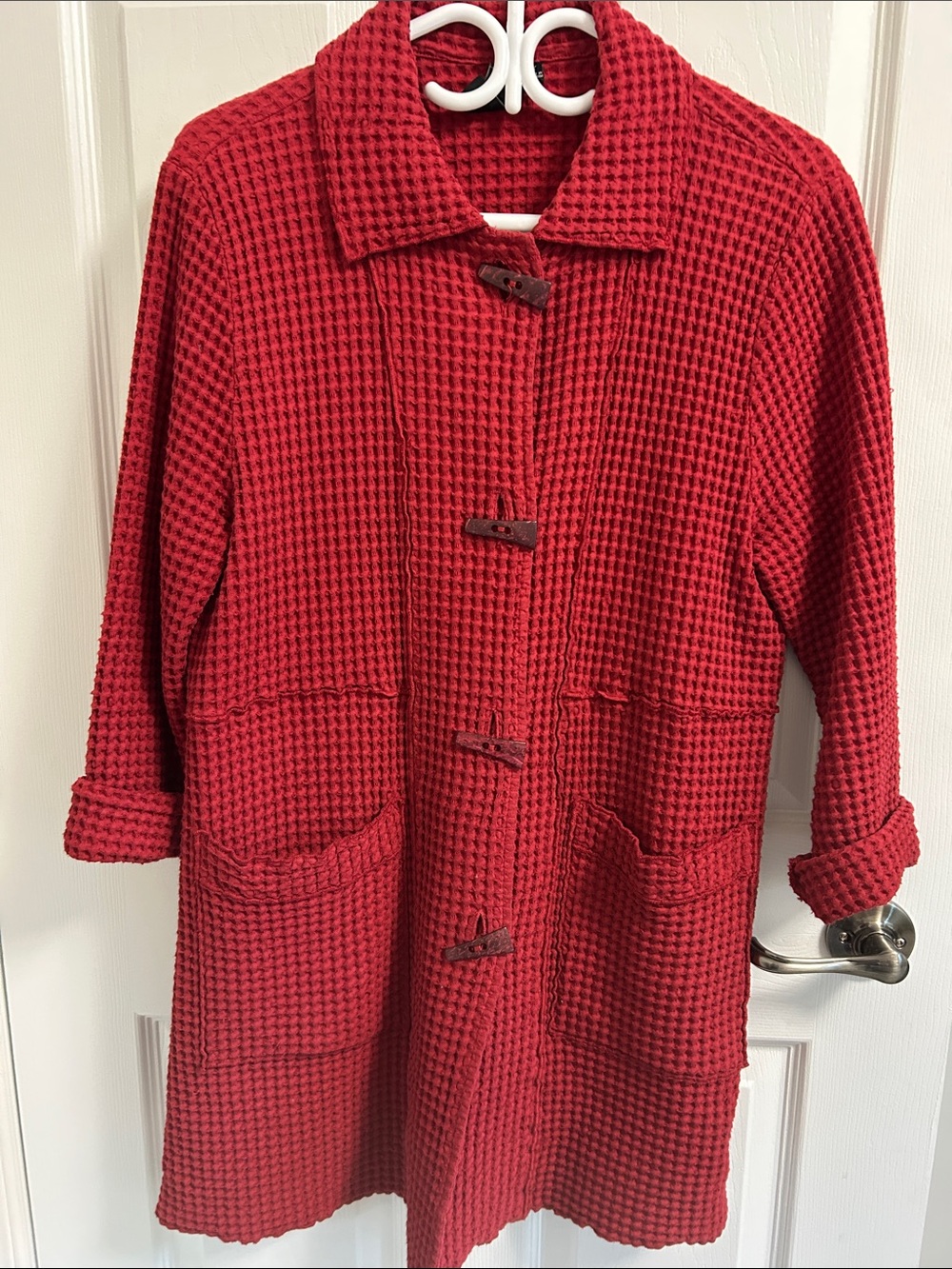 Focus Waffle-Knit Red cardigan jacket with Toggle Closures